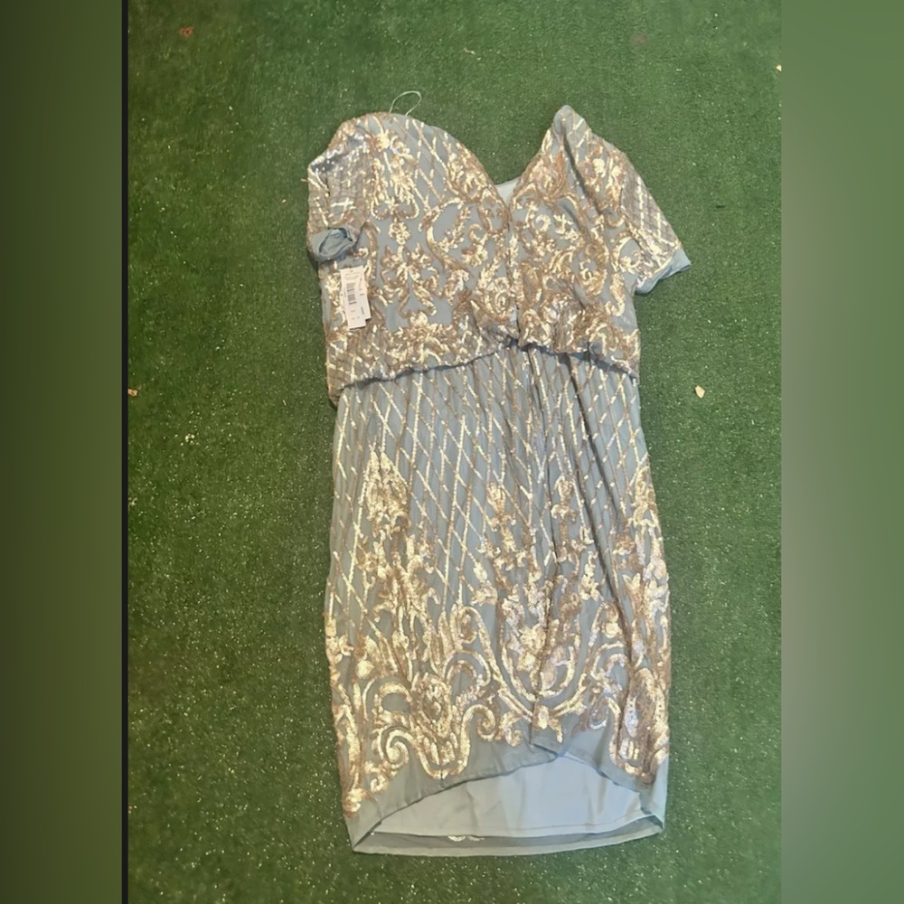 R&M Richards Short Beaded Blouson Dress W/Short Sleeves & Sequin Embellishments